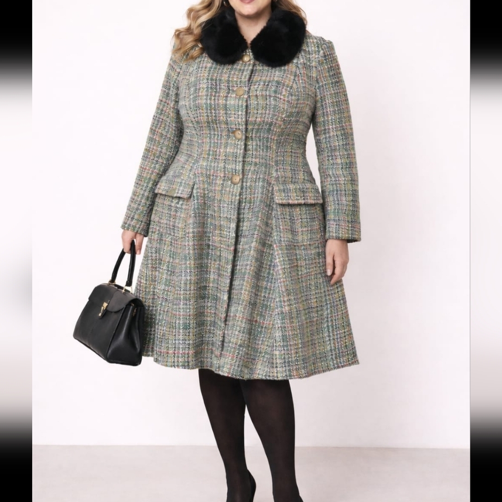Nwt Modcloth Multi Colored Tweed Flare Coat Removable Faux Fur Collar Size 2x